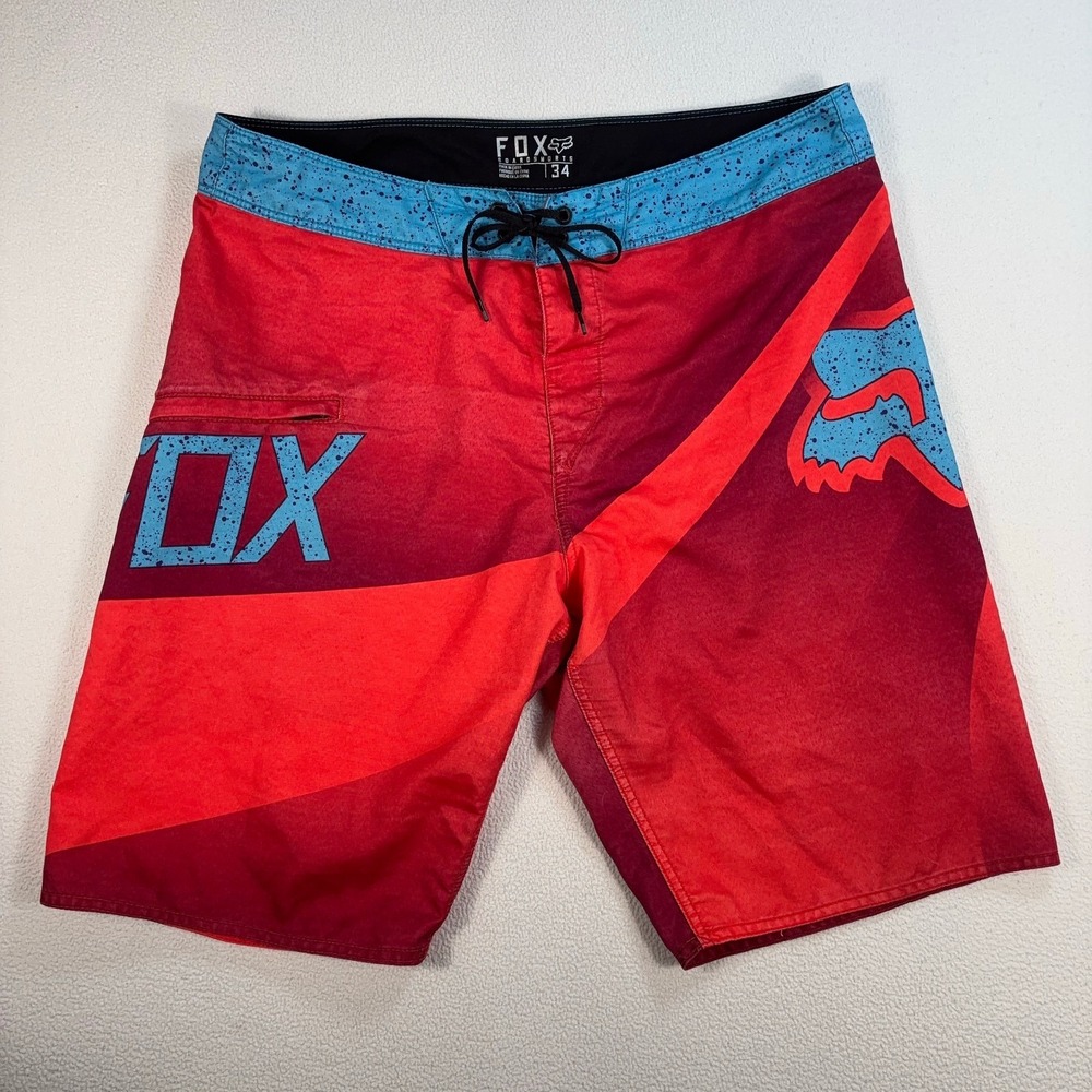 Fox Racing 10" Board Shorts Men's 34 Red Micro-Suede Y2K Swim‎ Trunks 12486